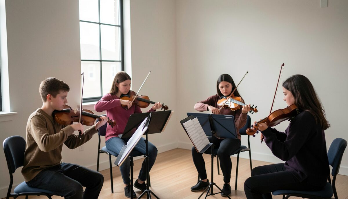 Four young string players mid-stroke in a bare practice room, stands and open scores in plain daylight.