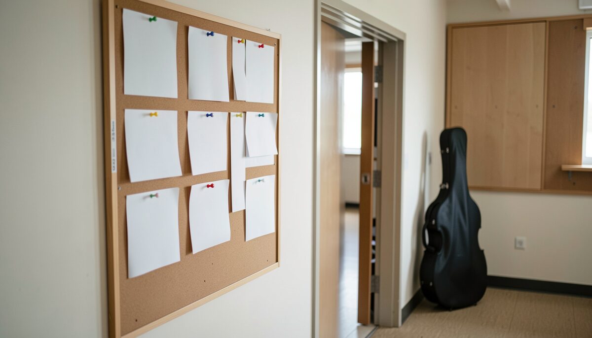 The hallway noticeboard outside a rehearsal room, a cello case leaning against the wall.