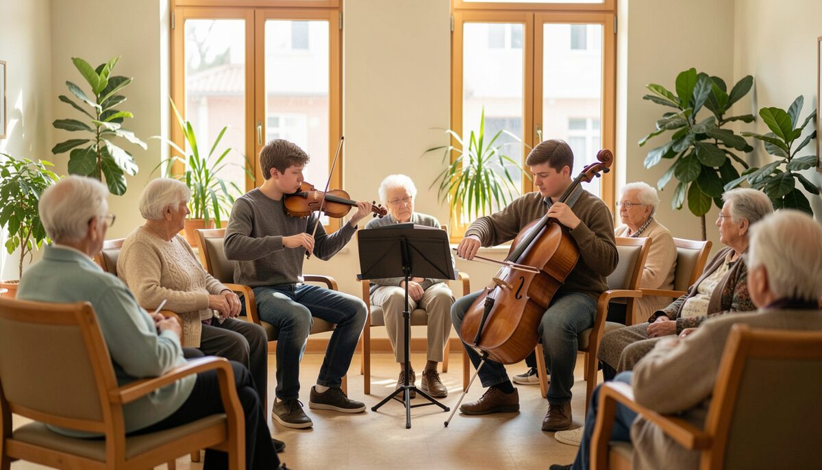 Two teenage string players performing for older residents in a bright common room, chairs drawn into a loose half circle.